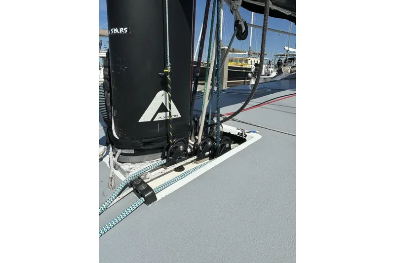 Zed4 Yacht Photos Pics Close-up of 2009 Akilaria RC2 sailboat deck with rigging and mast details.