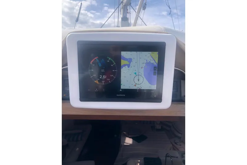 Perseverance Yacht Photos Pics Garmin navigation display on 2012 Grand Soleil 43 sailboat, showing speed and map.