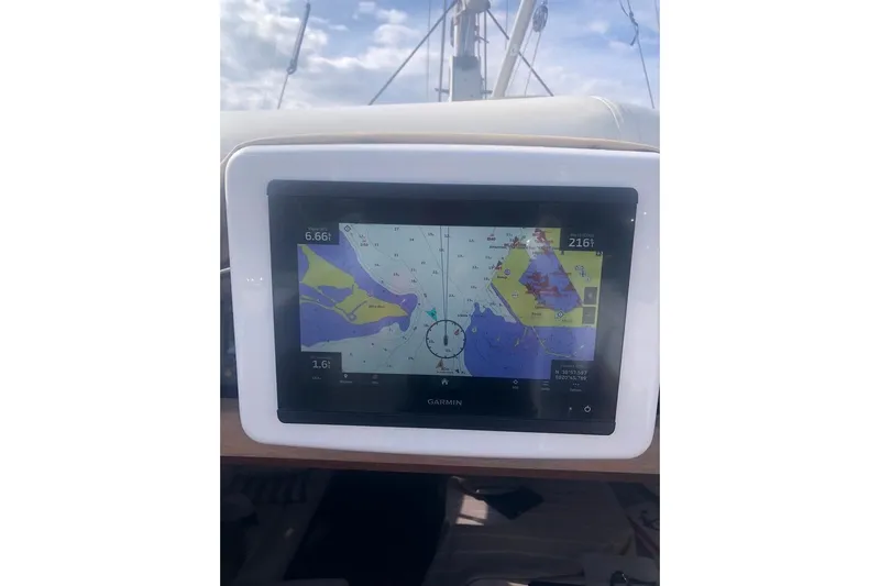 Perseverance Yacht Photos Pics Garmin navigation display on 2012 Grand Soleil 43 sailboat, showing nautical chart.