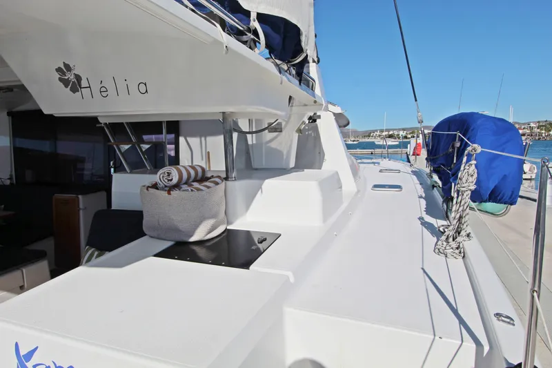  Yacht Photos Pics 2013 Fountaine Pajot Helia 44 catamaran deck with clear blue sky background.
