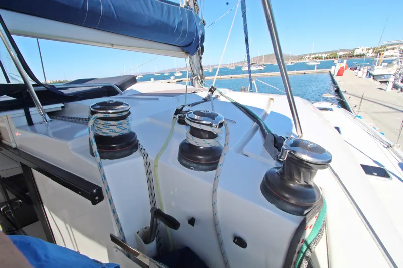  Yacht Photos Pics Deck view of 2013 Fountaine Pajot Helia 44 catamaran with winches and ropes.