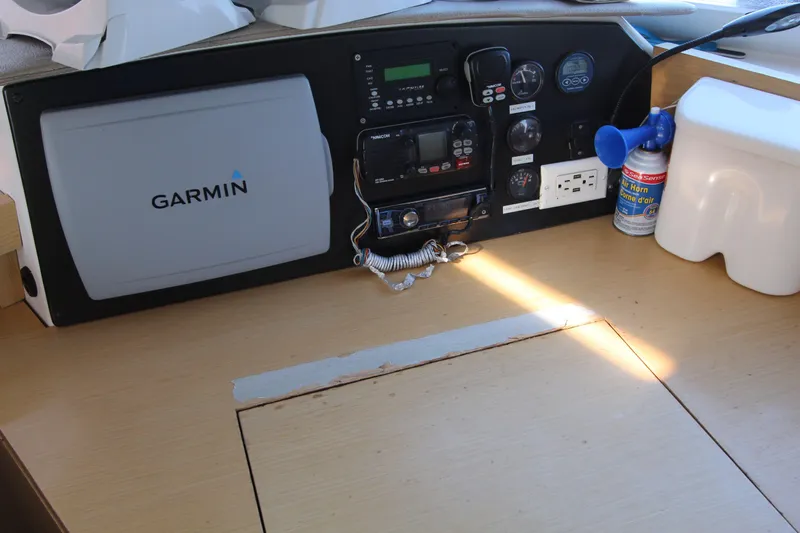  Yacht Photos Pics Navigation panel of 2013 Fountaine Pajot Helia 44 with Garmin system and controls.