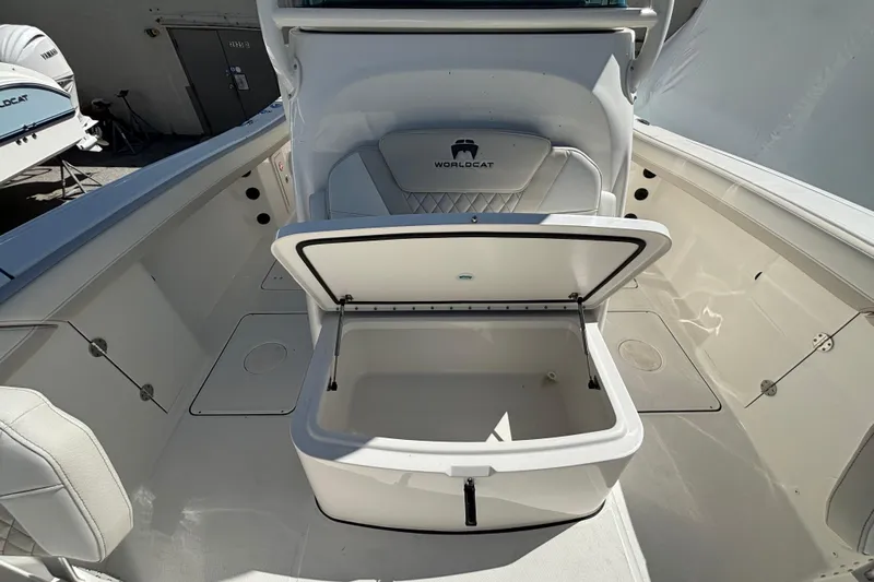 Wcn 57599 325cc Yacht Photos Pics 2025 World Cat 325 CC boat interior with open storage compartment.