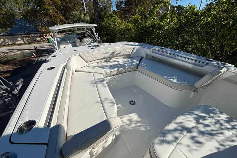Wcn 57599 325cc Yacht Photos Pics 2025 World Cat 325 CC boat with spacious seating and sleek design.