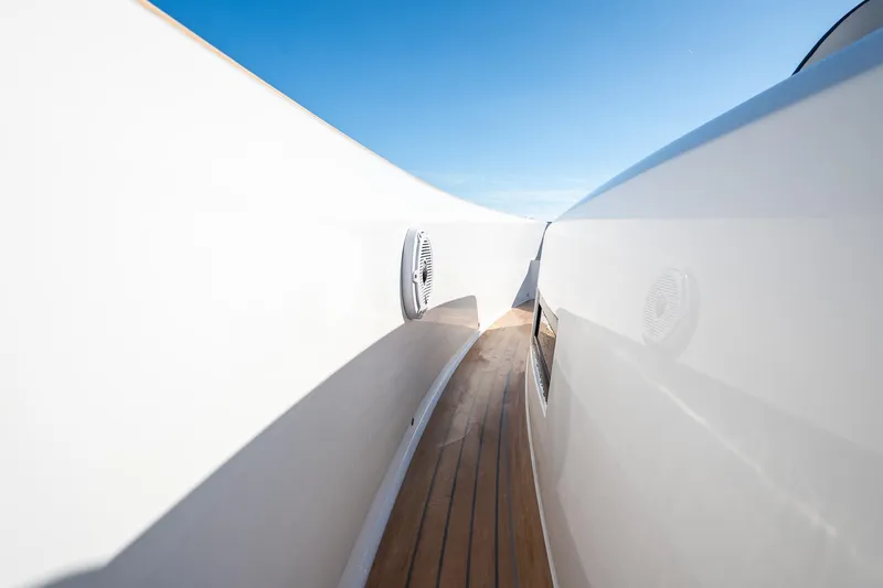 Available Now Yacht Photos Pics 2025 Pardo Yachts 38 deck with sleek white design and wooden flooring.