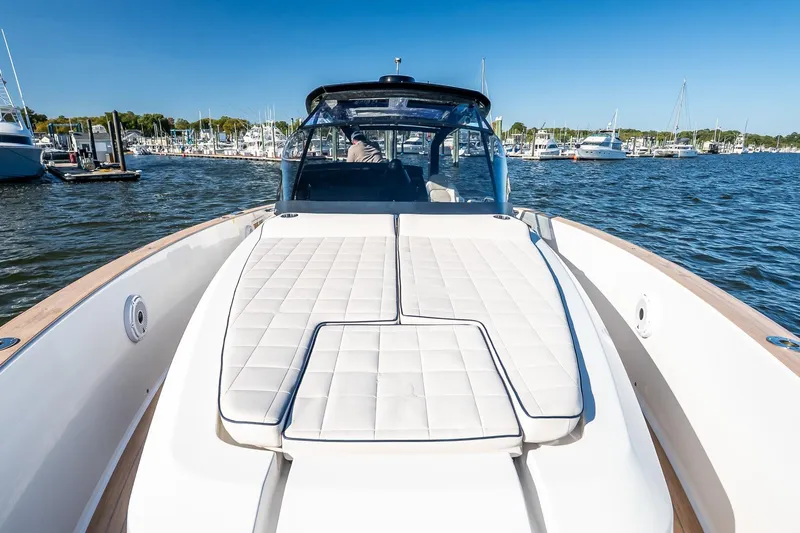 Available Now Yacht Photos Pics 2025 Pardo Yachts 38 luxury yacht with spacious deck, docked in a marina.