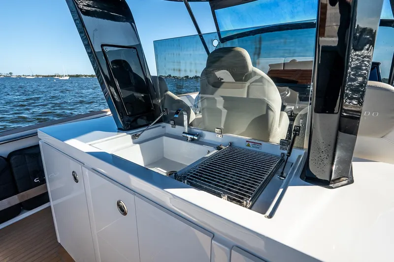 Available Now Yacht Photos Pics Luxury Pardo Yachts 38 (2025) with sleek outdoor kitchen and grill on deck.