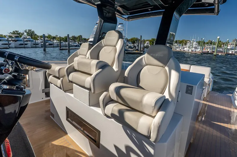 Available Now Yacht Photos Pics Luxury seating on 2025 Pardo Yachts 38, docked at marina.