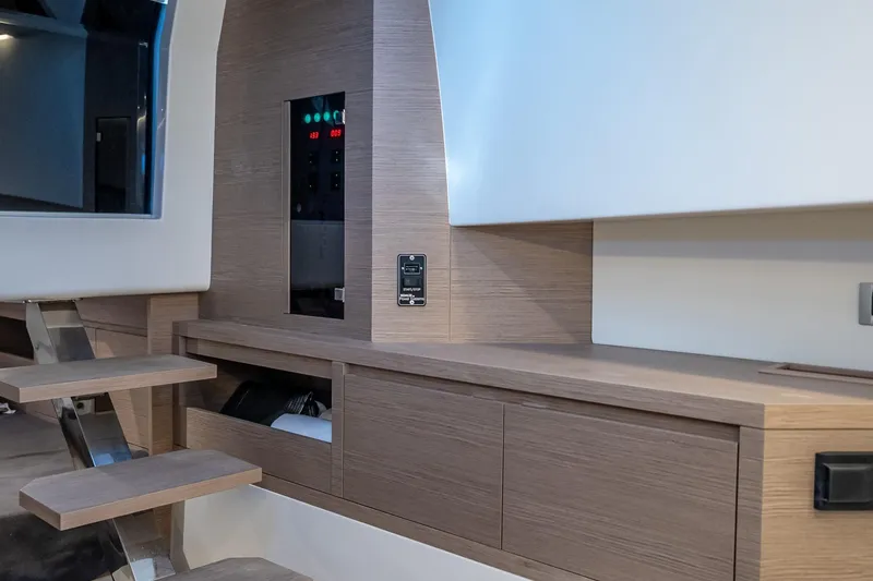 Available Now Yacht Photos Pics Interior of 2025 Pardo Yachts 38, featuring modern wood cabinetry and sleek design elements.