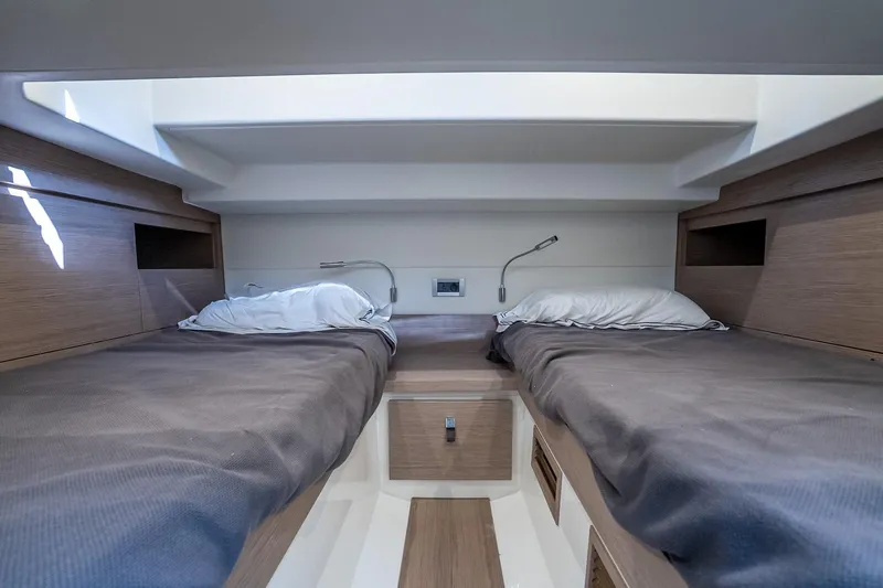 Available Now Yacht Photos Pics Interior cabin of 2025 Pardo Yachts 38 with twin beds and modern design.