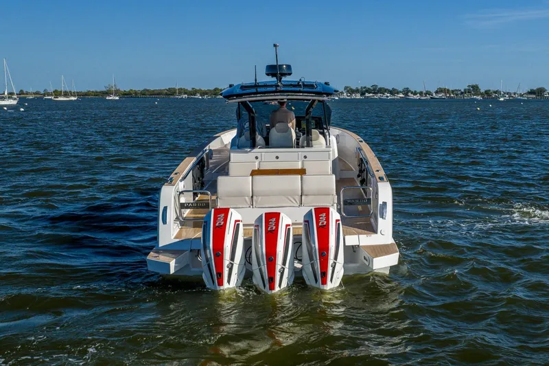 Available Now Yacht Photos Pics 2025 Pardo Yachts 38 cruising on open water, showcasing powerful dual outboard engines.