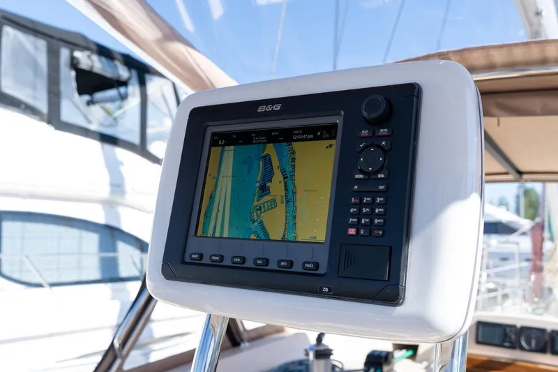 Easy Going Yacht Photos Pics B&G navigation system on 2008 Island Packet 465 sailboat, displaying nautical chart.