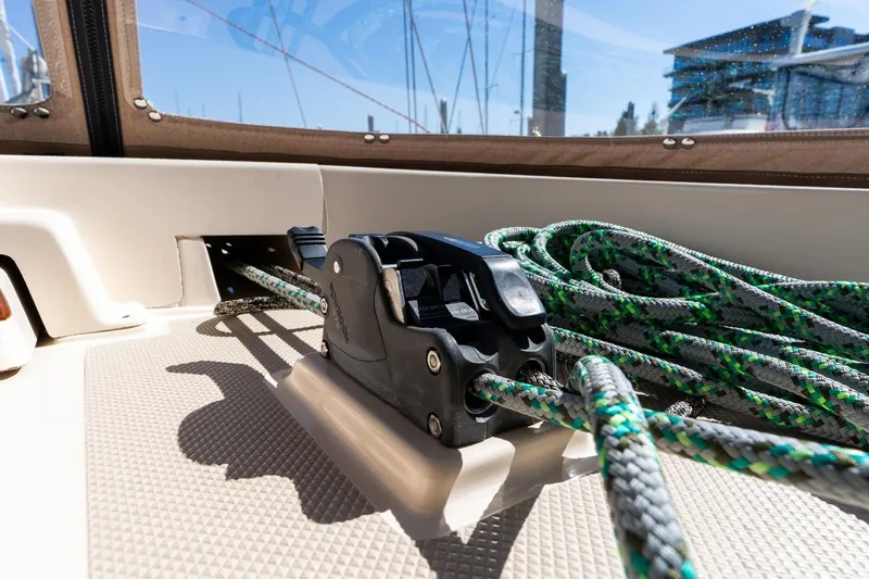 Easy Going Yacht Photos Pics Close-up of sailing ropes and winch on 2008 Island Packet 465 yacht deck.