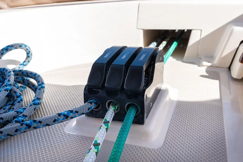 Easy Going Yacht Photos Pics Close-up of rope clutches on a 2008 Island Packet 465 sailboat deck.