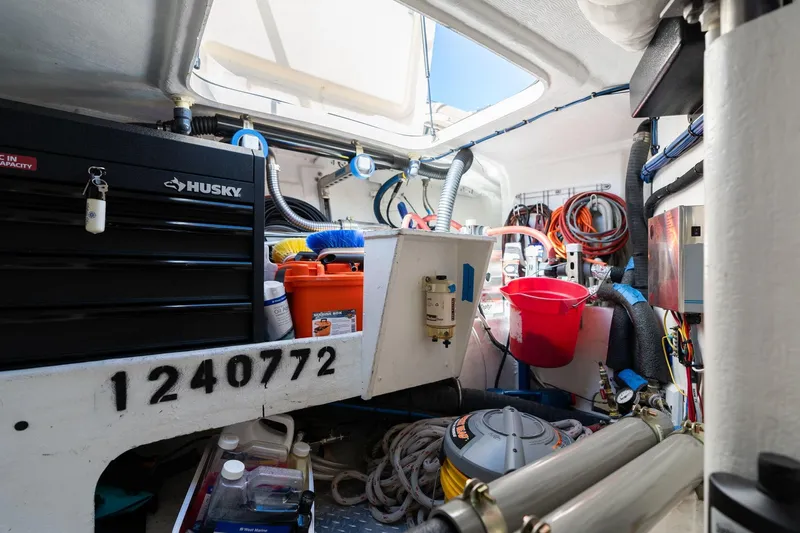 Easy Going Yacht Photos Pics Interior of 2008 Island Packet 465 sailboat with tools and equipment storage.