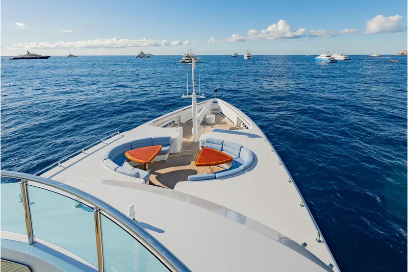 Latitude Yacht Photos Pics Luxurious Timmerman Expedition Tri-Deck yacht cruising on open sea, 2009 model.