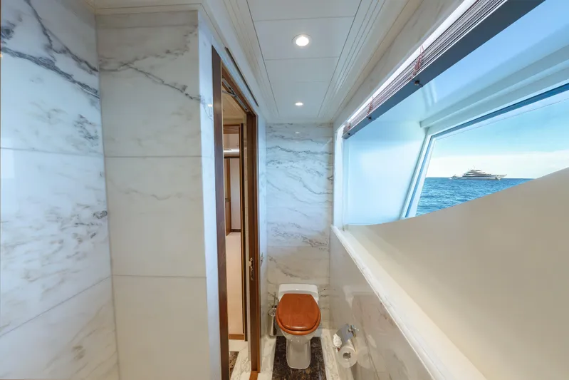 Latitude Yacht Photos Pics Luxurious bathroom on 2009 Timmerman Expedition Tri-Deck yacht with ocean view.