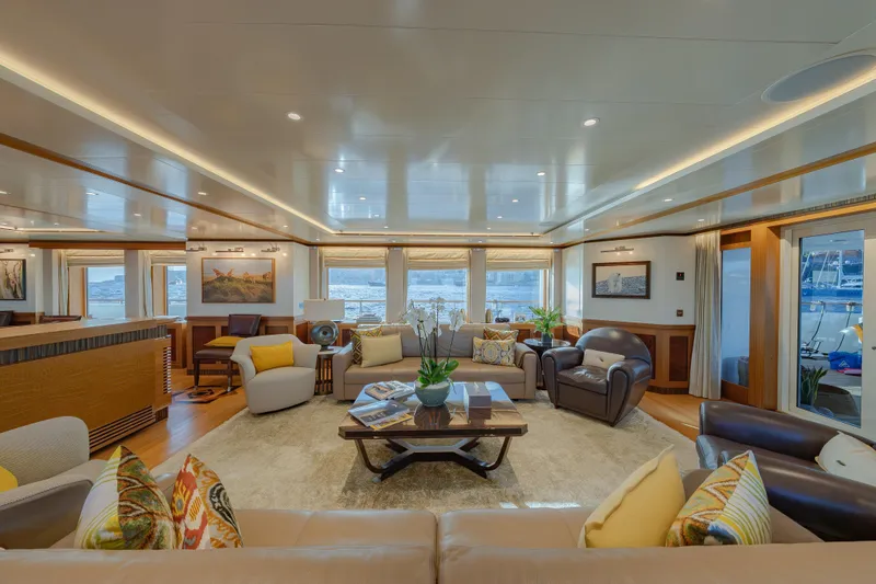 Latitude Yacht Photos Pics Luxurious interior of 2009 Timmerman Expedition Tri-Deck yacht with elegant seating and decor.