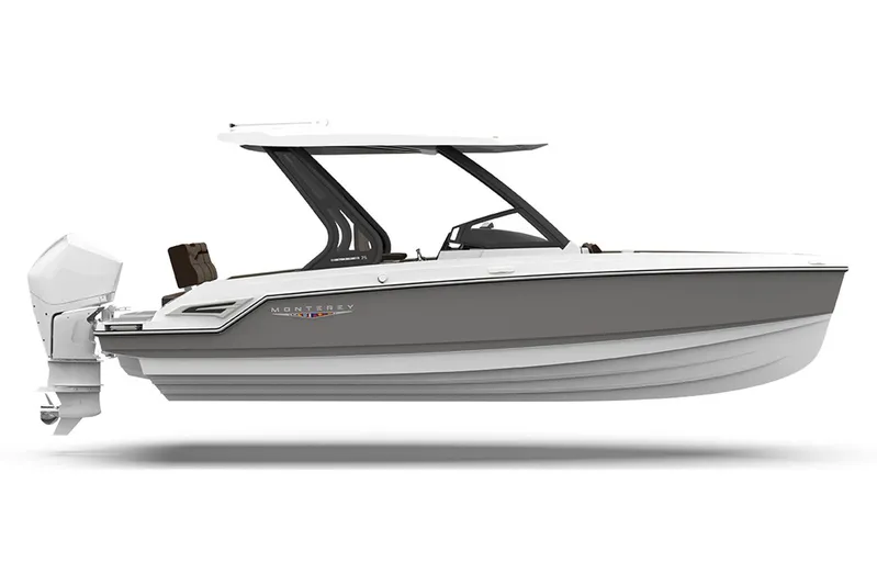  Yacht Photos Pics Manufacturer Provided Image: 2026 Monterey Elite 25 OB boat, sleek design, white and gray exterior, outboard motor.