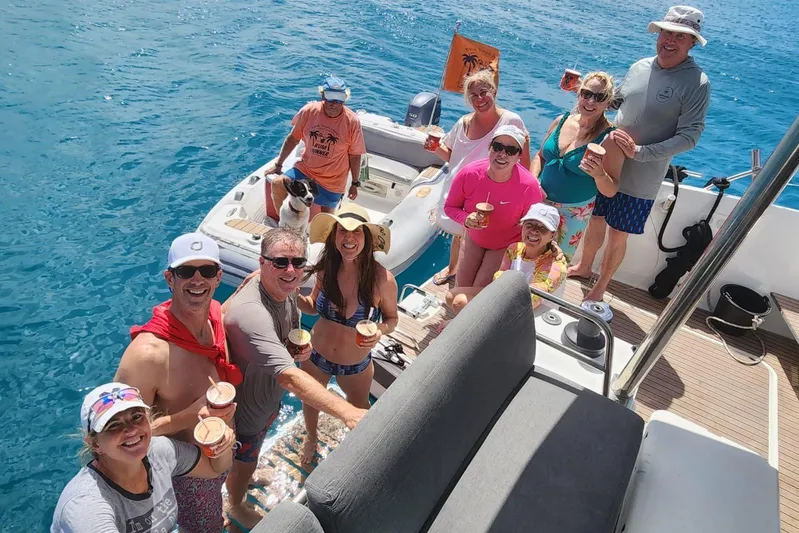 Knotty Cat Yacht Photos Pics Group enjoying a sunny day on a 2022 Fountaine Pajot Tanna 47 catamaran.