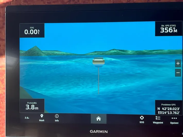  Yacht Photos Pics Garmin marine navigation display on a 2000 Ferretti Yachts 620, showing depth and GPS coordinates.