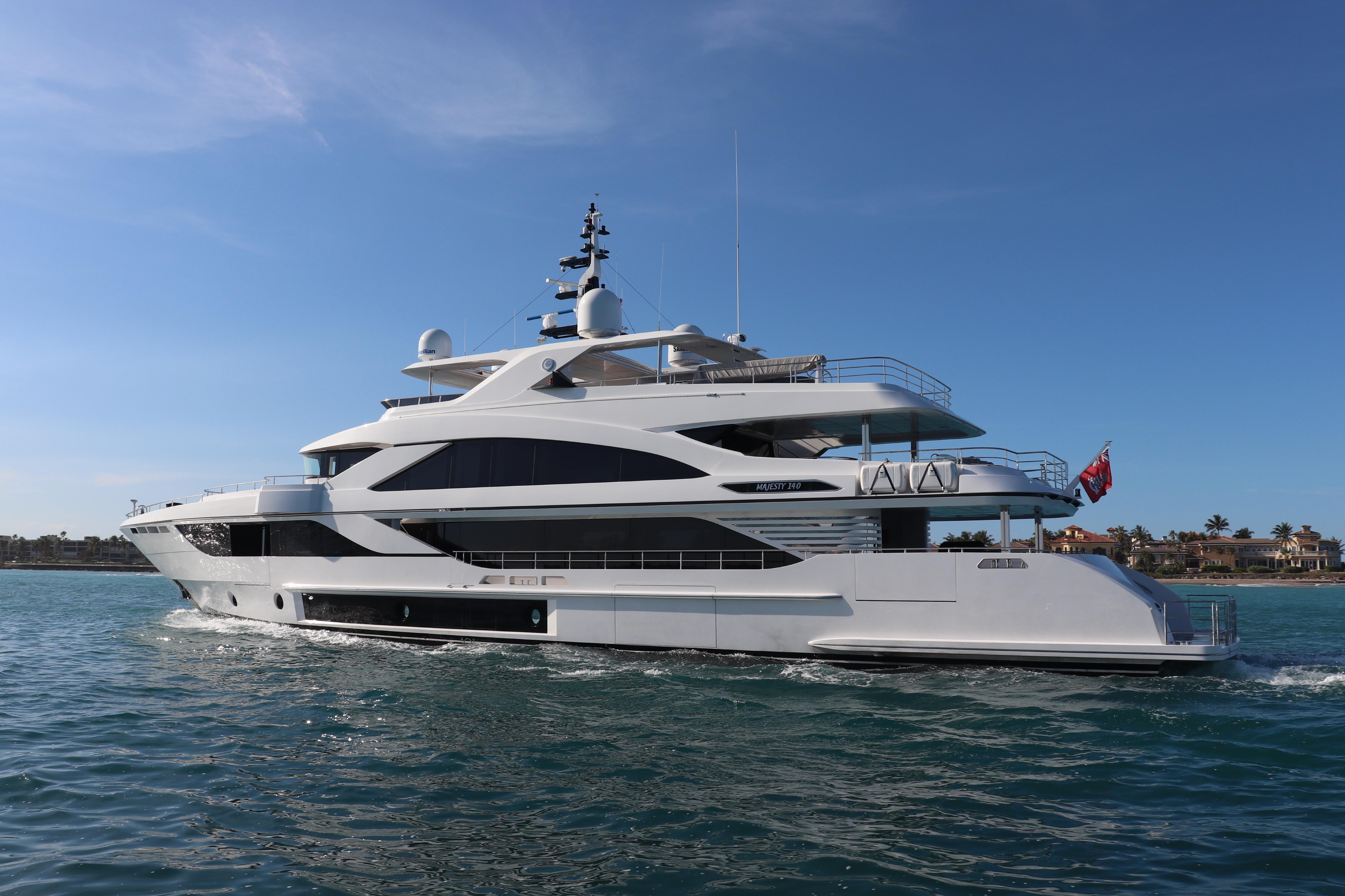 Luxury yacht Majesty 140 cruising on clear blue waters, 2020 model.