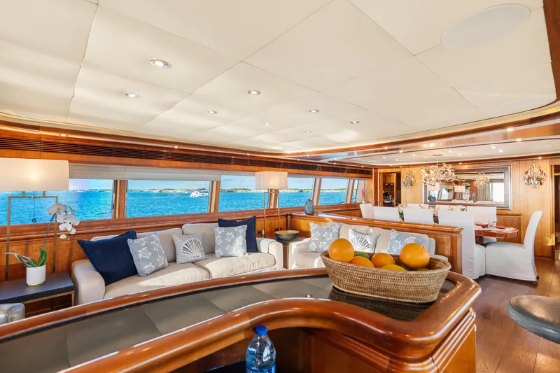 Mambo Yacht Photos Pics Luxurious interior of 2004 Ferretti Yachts 112 Custom Line with elegant seating and ocean view.