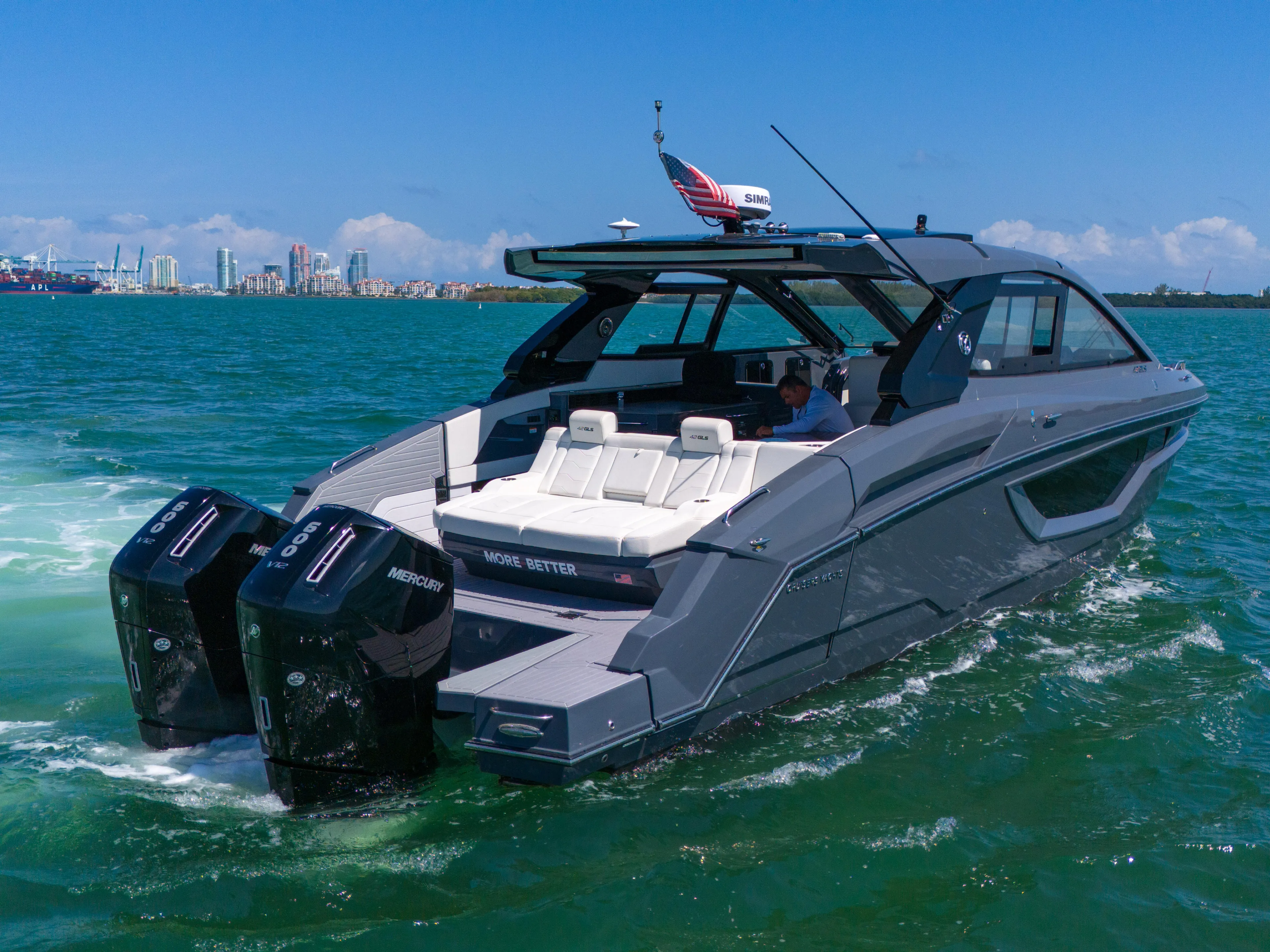  Yacht Photos Pics 2023 Cruisers Yachts 42 GLS OB on water, showcasing sleek design and powerful outboard engines.