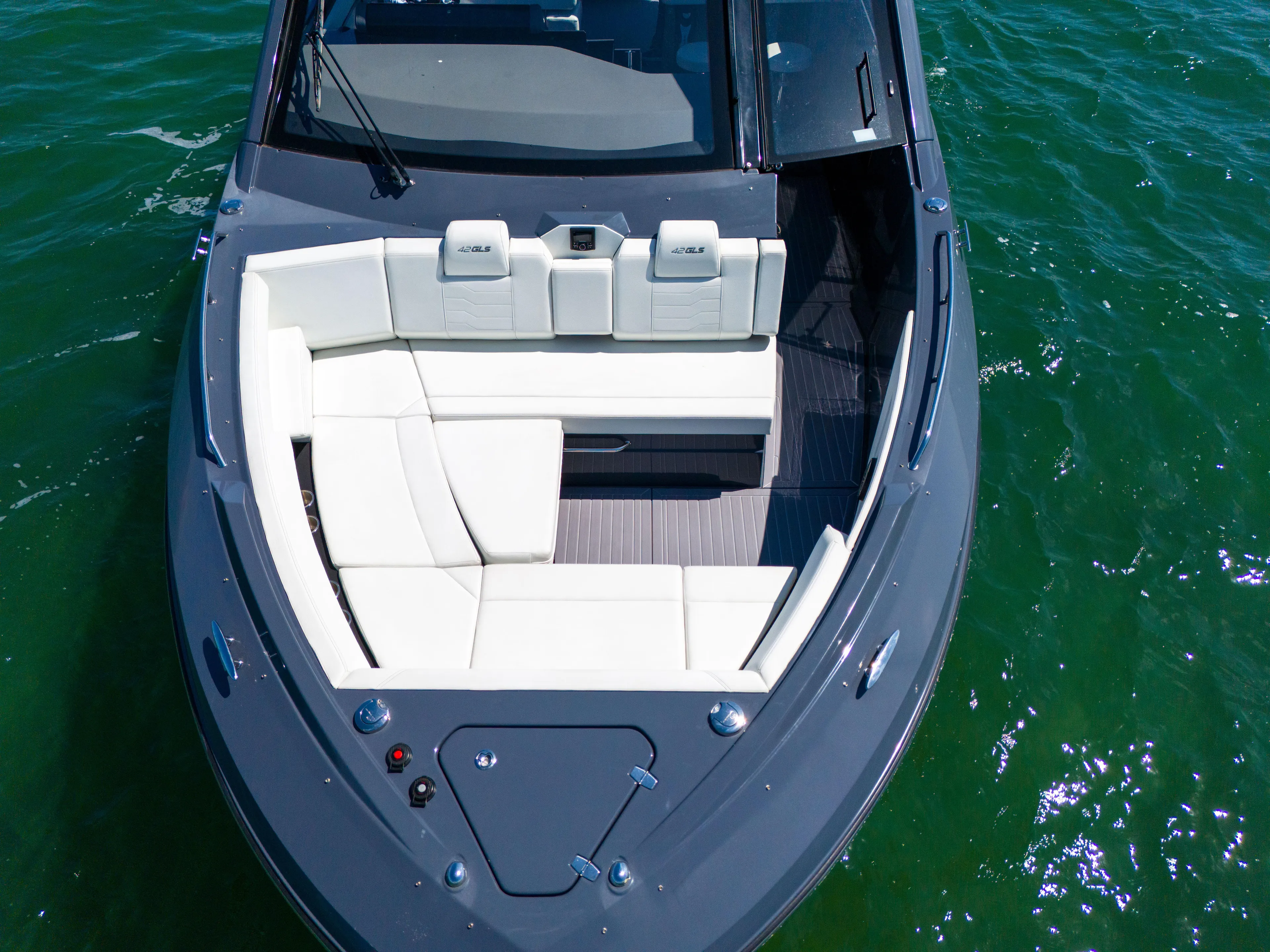  Yacht Photos Pics 2023 Cruisers Yachts 42 GLS OB, luxury boat with spacious seating on water.