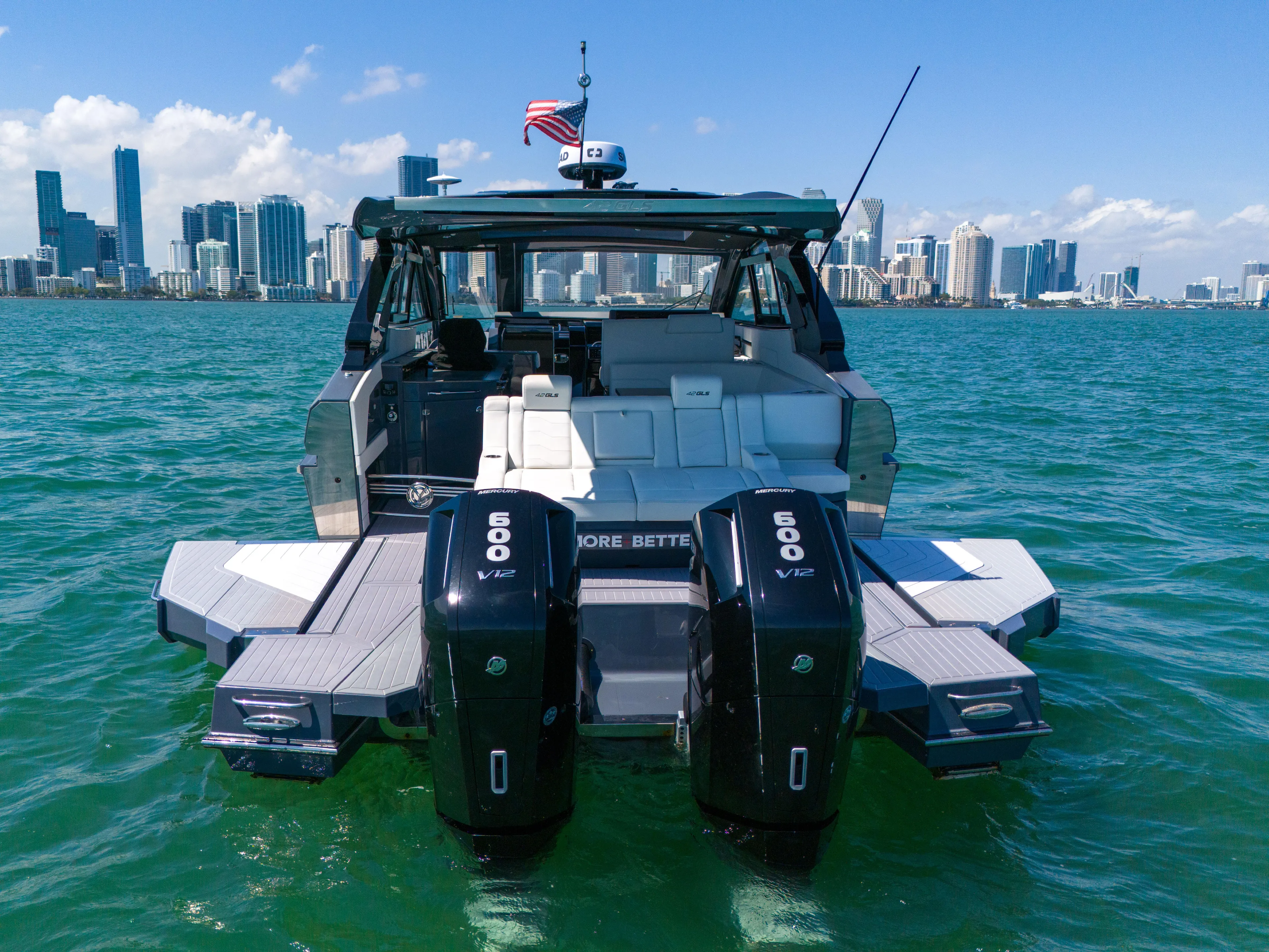  Yacht Photos Pics 2023 Cruisers Yachts 42 GLS OB on water with city skyline backdrop.