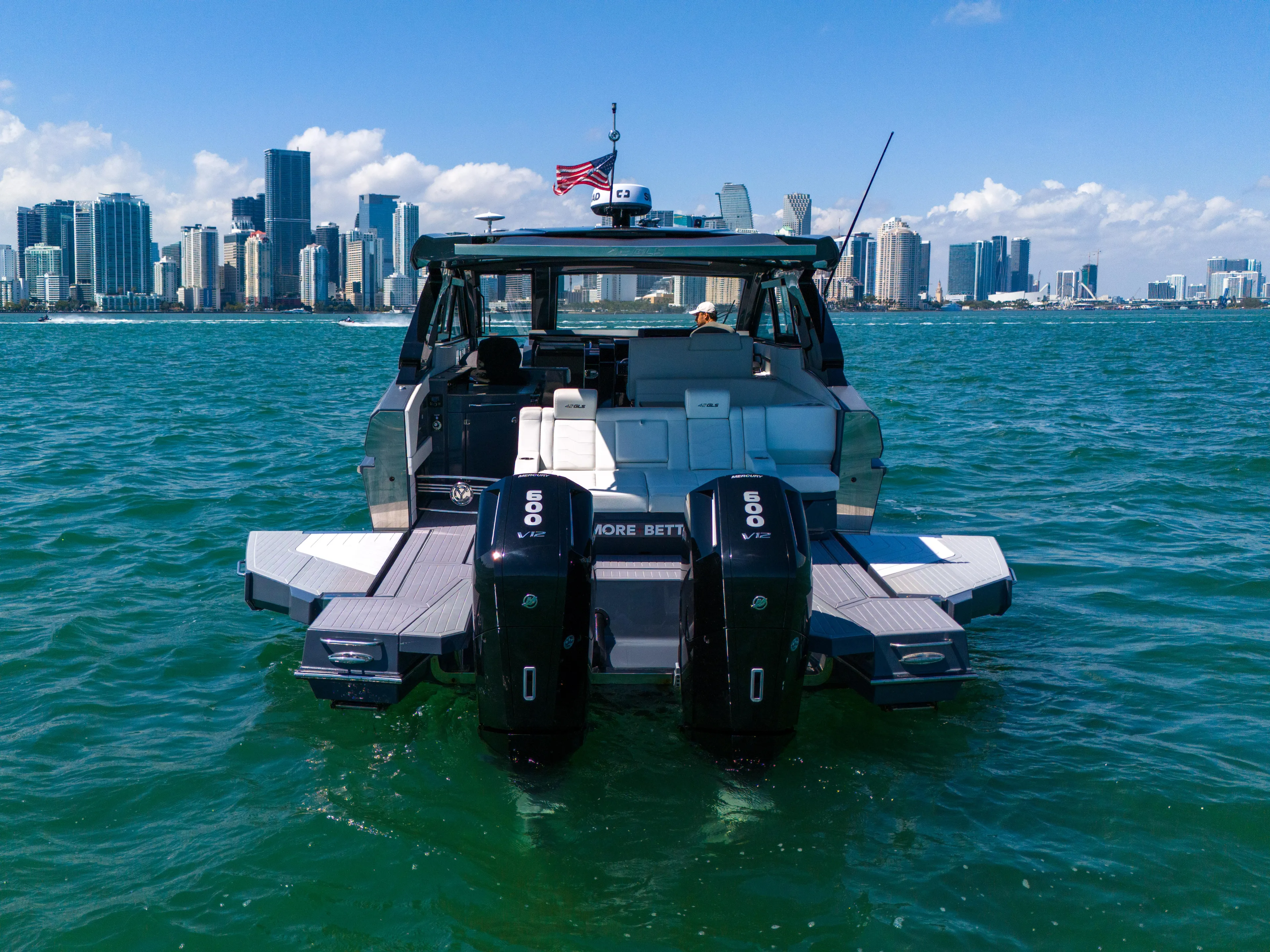  Yacht Photos Pics 2023 Cruisers Yachts 42 GLS OB on water with city skyline backdrop.