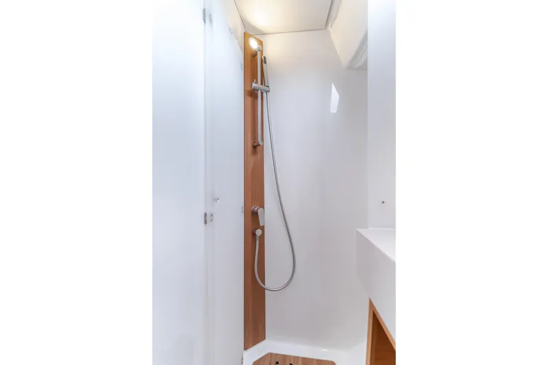 Sacha Marie Yacht Photos Pics 2024 Dufour 470 yacht shower with sleek design and modern fixtures.