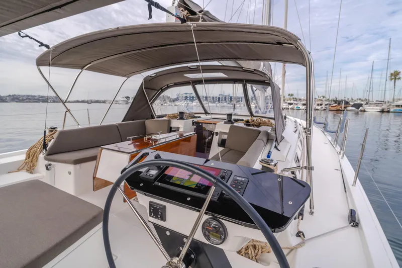 Sacha Marie Yacht Photos Pics 2024 Dufour 470 yacht cockpit with modern navigation equipment and comfortable seating.