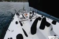 Sailing yacht cockpit with dual steering wheels, Custom Murray Burns Dovell 62, 1999 model.
