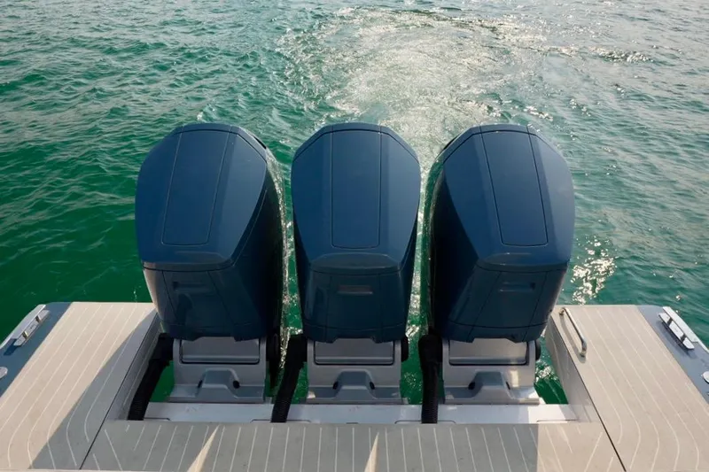  Yacht Photos Pics 2024 Azimut Verve 48 with triple outboard engines on open water.