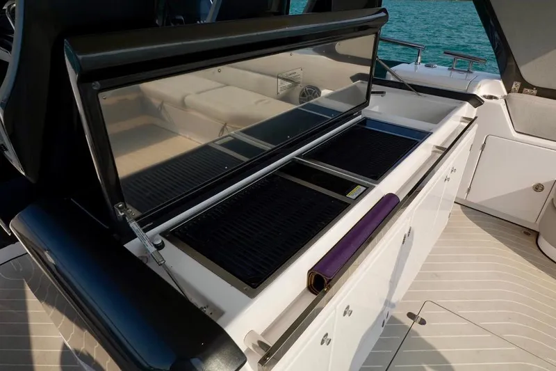  Yacht Photos Pics Outdoor kitchen on 2024 Azimut Verve 48 yacht with grill and storage.