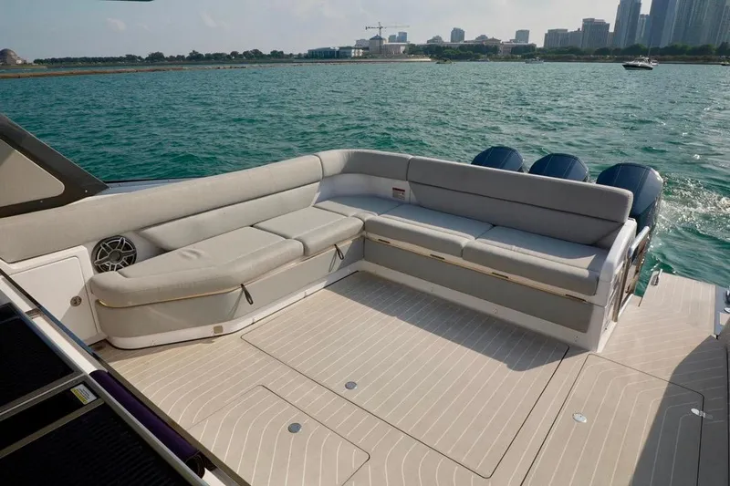  Yacht Photos Pics Luxurious seating area on 2024 Azimut Verve 48 yacht, overlooking serene waters.