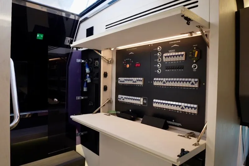  Yacht Photos Pics Electrical control panel inside 2024 Azimut Verve 48 yacht, showcasing modern design and functionality.