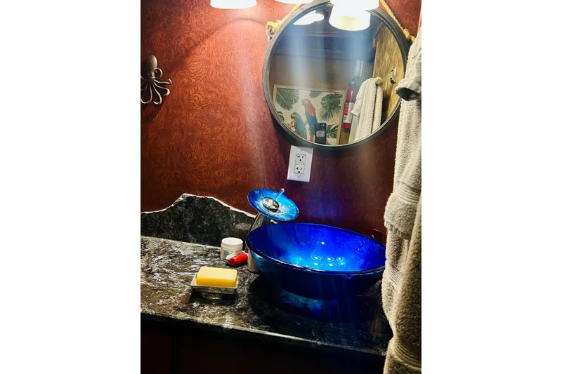 Devil's Gauntlet Yacht Photos Pics Luxurious bathroom with blue glass sink, ornate mirror, and elegant red wallpaper.