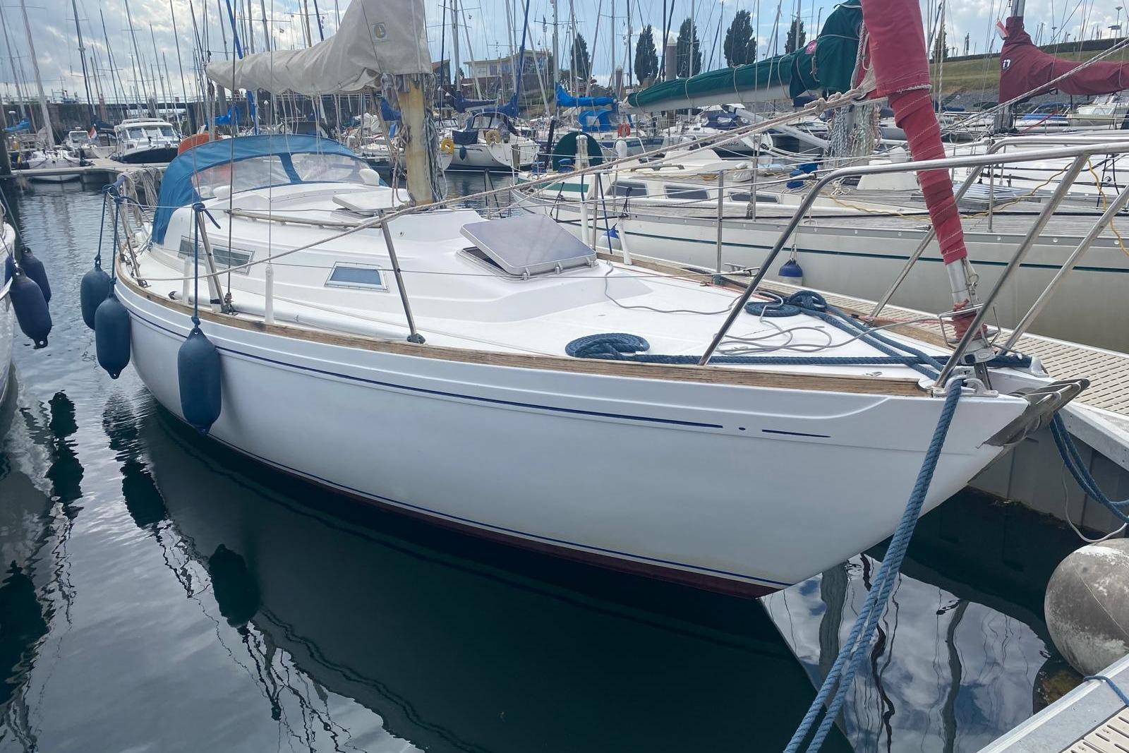 1977 Nicholson 31 sailboat docked in a marina, surrounded by other boats.