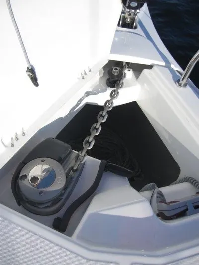  Yacht Photos Pics Anchor locker of 2024 Jeanneau 380 sailboat with chain and windlass.