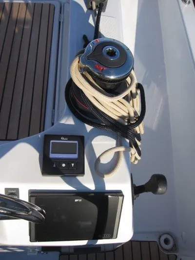  Yacht Photos Pics Close-up of Jeanneau 380 sailboat deck equipment, 2024 model.