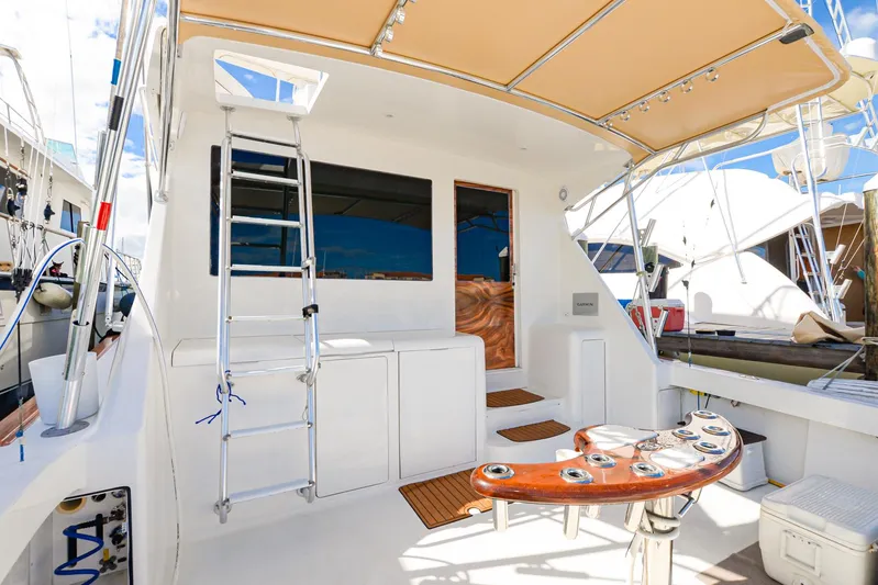 Sue-sea Yacht Photos Pics 1999 Viking 55 Convertible yacht deck with ladder and fishing rod holders.