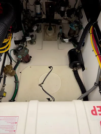  Yacht Photos Pics Engine compartment of a 2016 Pursuit OS 385 Offshore boat.