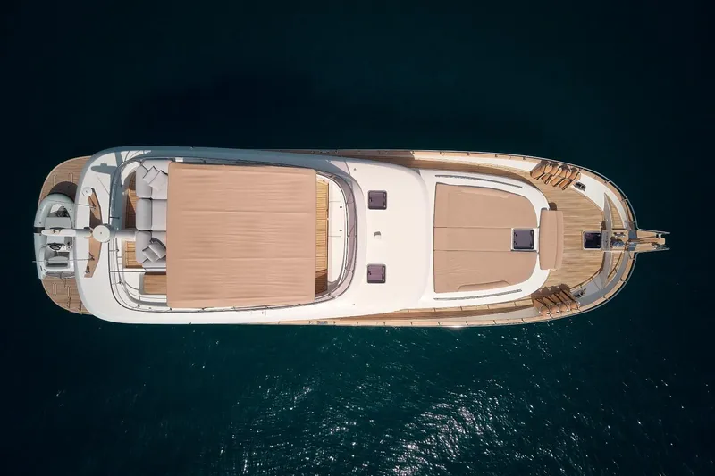 Sasga Yachts 68 Flybridge Yacht Photos Pics Aerial view of 2026 Sasga Yachts Menorquin 68 FB, showcasing elegant deck design.