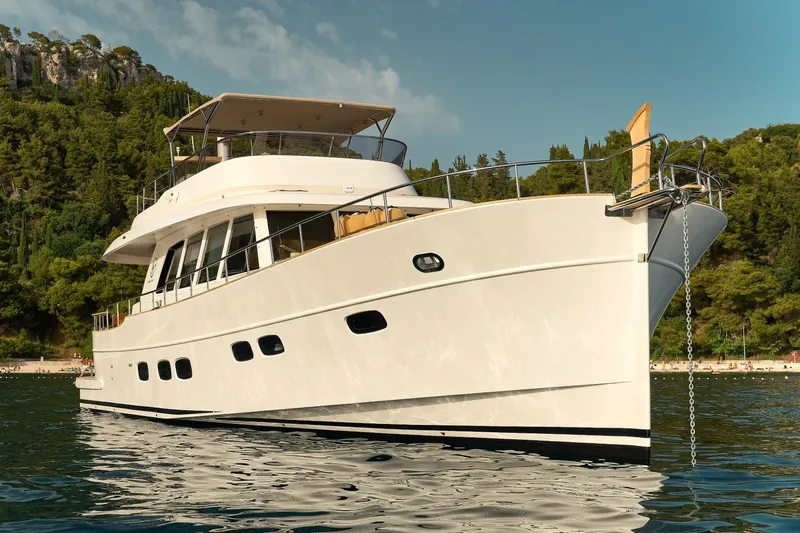 Sasga Yachts 68 Flybridge Yacht Photos Pics Luxury Sasga Yachts Menorquin 68 FB 2026 model cruising near scenic coastline.