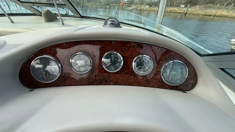  Yacht Photos Pics Dashboard of a 2008 Sea Ray 340 Sundancer boat with five gauges.
