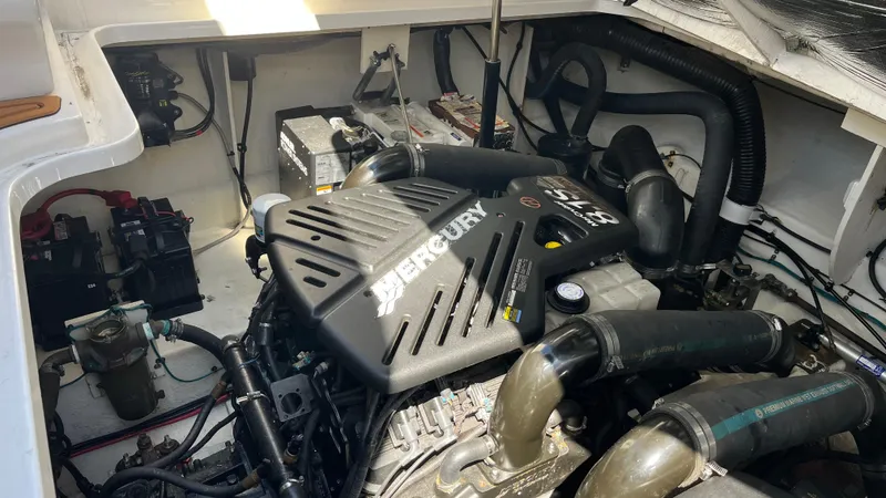  Yacht Photos Pics Engine compartment of a 2008 Sea Ray 340 Sundancer with Mercury engine components.
