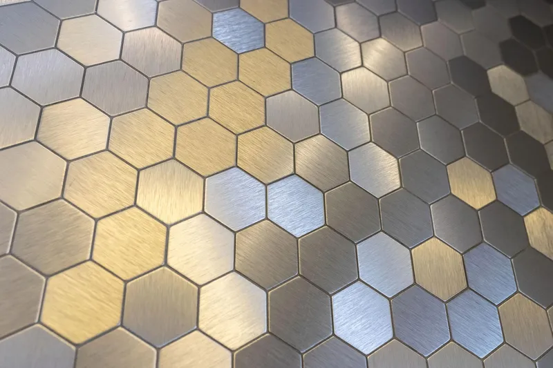 Niki Yacht Photos Pics Hexagonal brushed metal tiles, Pershing 7X 2024 design detail.