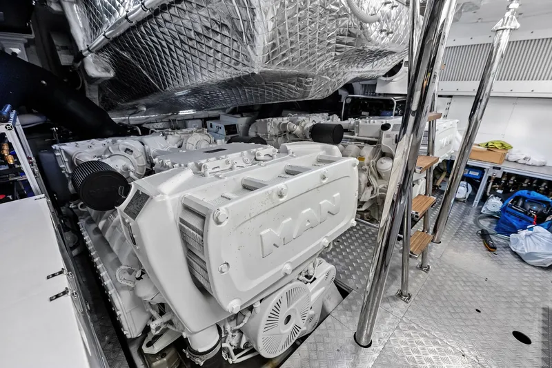 Niki Yacht Photos Pics Engine room of 2024 Pershing 7X yacht featuring MAN engines and modern design.